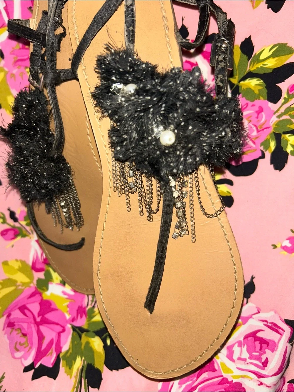 Naughty Monkey Black crystal thong sandals flip flops 90’s Y2K vintage shoes 9